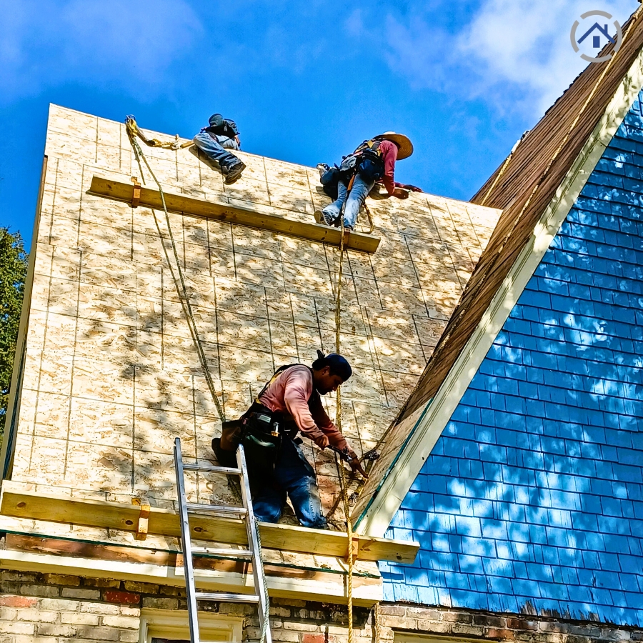 an image showing Mexican roofers working on a roofing project