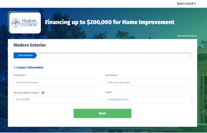 One of the options for financing a new roof — Enhancify Financing application form through Modern Exterior website