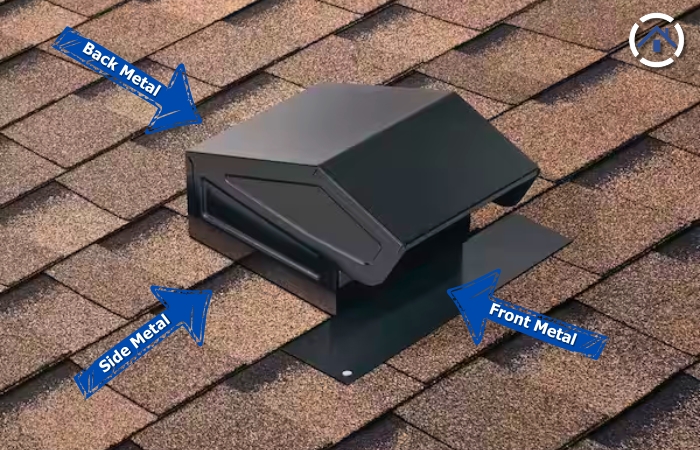 Roof cap installation, with back and side metal underneath the shingles and front metal over the shingles