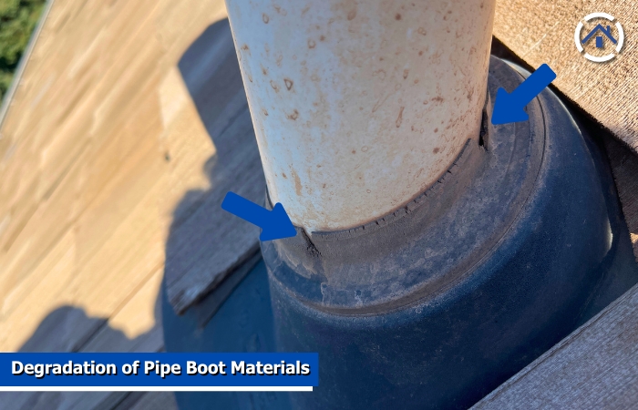 Pipe boot material deterioration caused by exposure to harsh weather conditions time