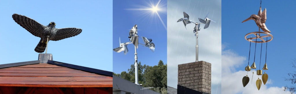 wind chimes reflective items, and plastic predators to keep birds out of your roof